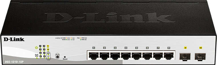 Коммутатор D-Link DGS-1210-10P/F3A Настраиваемый L2 коммутатор с 8 портами 10/100/1000Base-T и 2 портами 1000Base-X