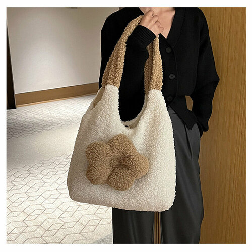 фото Сумка шоппер меховой шоппер kma0903060, фактура вязаная, бархатистая, белый kma style