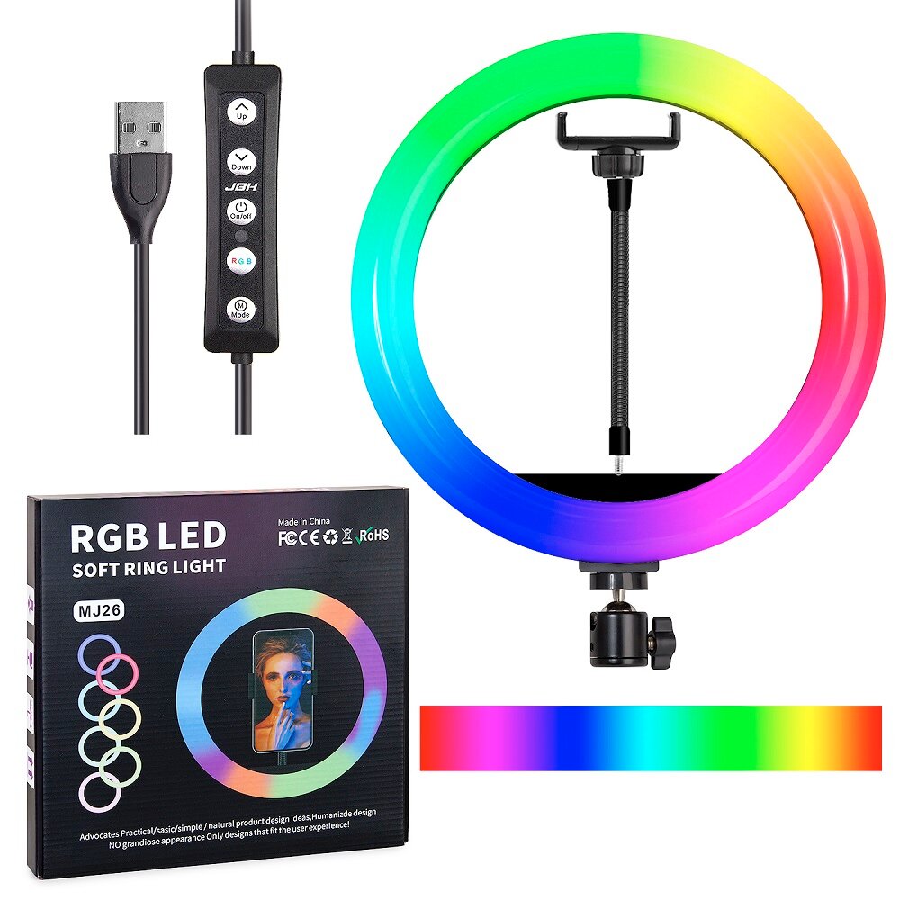 Селфи кольцо 26 см (10") JBH MJ26 RGB LED с держателем для телефона черный