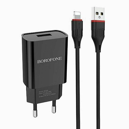 Адаптер Сетевой с кабелем Borofone BA20A Sharp 1USB/5V/2.1A +Lightning (черный), 1 шт.