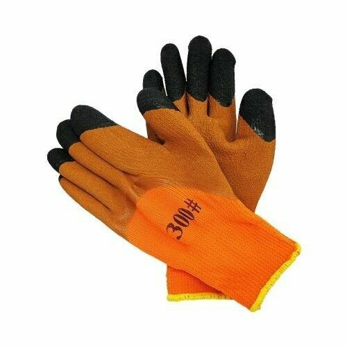 Перчатки зимние акриловые со вспененным латексным покрытием / #300 /оранжевые Строительные перчатки Рабочие / 10 пар