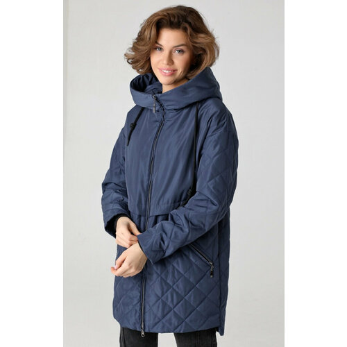 фото  куртка демисезонная, средней длины, силуэт прямой, несъемный капюшон, размер 56, синий бизнес стиль