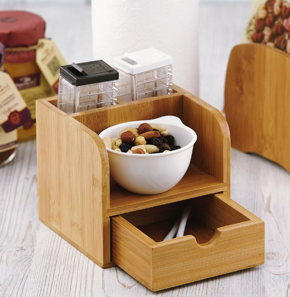 фото Органайзер бамбуковый 13х13,3х11,8см светлый (3 секции и выдвижной ящик)