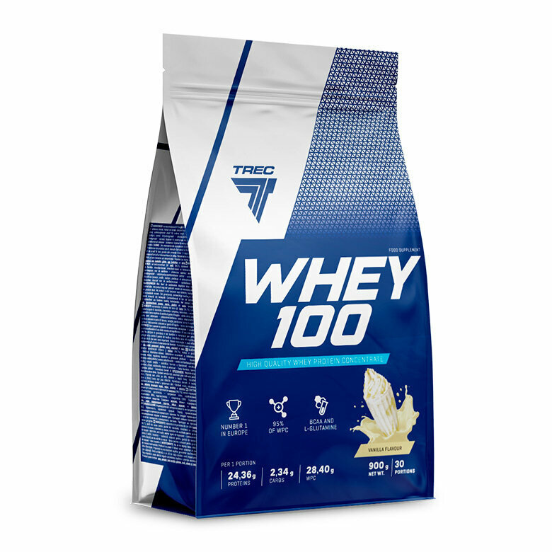 Протеин сывороточный 900 гр, для набора мышечной массы, Trec Nutrition Whey 100, вкус: ваниль