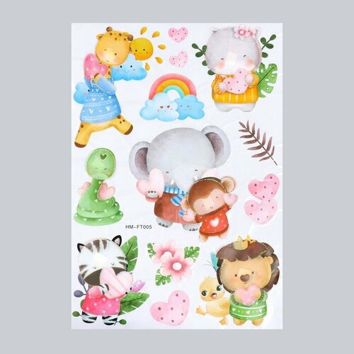 Наклейка пластик многослойная Зверята с сердечками 50х35 см 686₽
