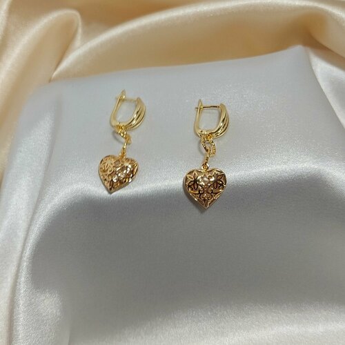 Серьги  Ажурное Сердце, позолота 18к, размер 30 мм, золотой