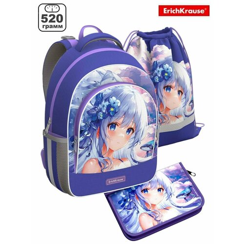 Школьный рюкзак ErichKrause Ergoline 15L Kawaii Whale 60093 с наполнением: пенал и мешок для обуви