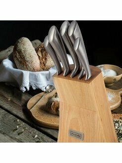 Набор ножей 6 предметов из нержавеющей стали с полыми ручками и деревянной подставкой KAMILLE.
