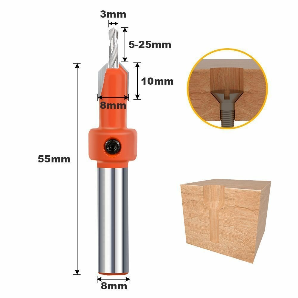 фото Набор сверл с зенковкой для деревообработки 1шт. 8 мм. с зенкером / пилотное