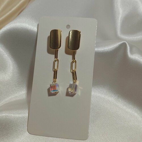 Серьги  Кристалл кубик, позолота 18к, хрусталь, размер 50 мм, бесцветный, золотой