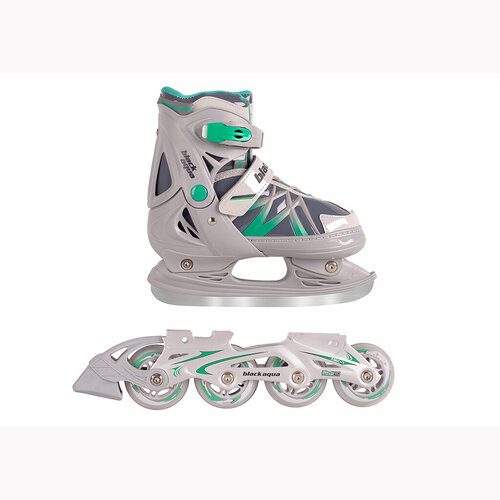 AS-410 Коньки BlackAqua 2в1 (коньки+ролики) , серо-зелёный (31-34р)