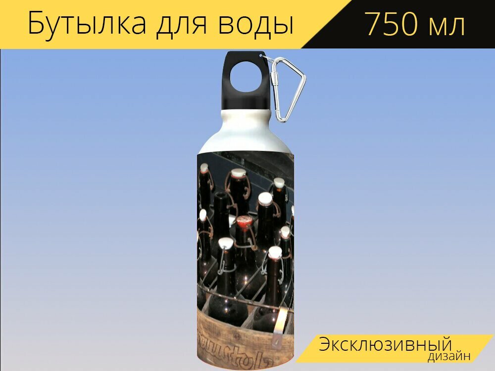 Бутылка фляга для воды "Пивные бутылки, старый, музей" 750 мл. с карабином и принтом