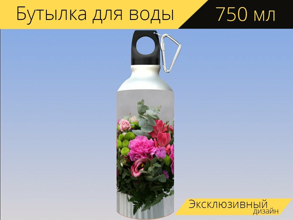 Бутылка фляга для воды "Цветы, букет, цветочный магазин" 750 мл. с карабином и принтом