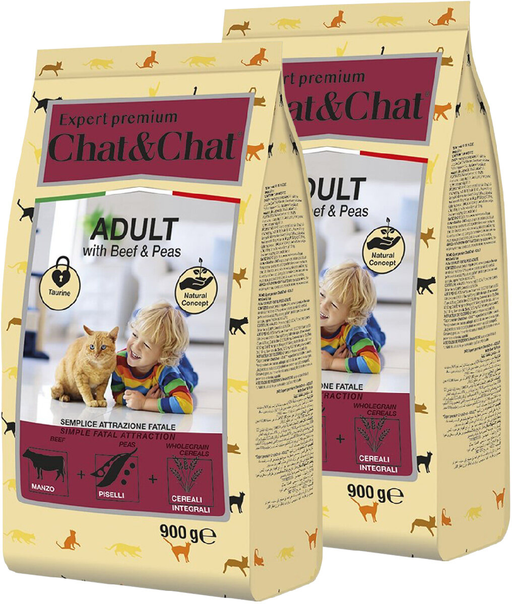 фото Сухой корм CHAT&CHAT EXPERT PREMIUM ADULT BEEF & PEAS для взрослых кошек с говядиной и горохом (0,9 + 0,9 кг)
