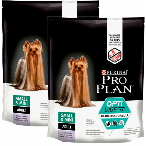 PRO PLAN ADULT DOG OPTIDIGEST GRAIN-FREE SMALL & MINI беззерновой для взрослых собак мелких пород с чувствительным пищеварением индейка (0,7 + 0,7 кг)