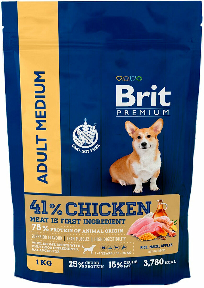 BRIT PREMIUM DOG ADULT MEDIUM для взрослых собак средних пород с курицей (1 кг)