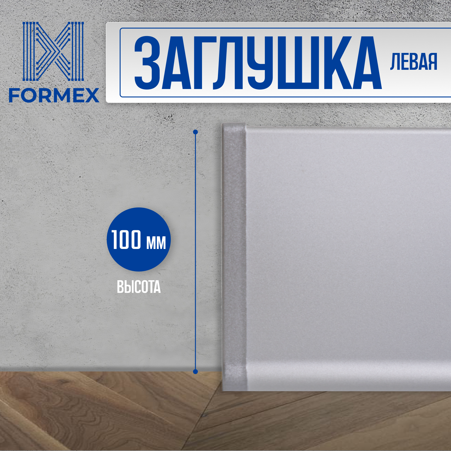 фото Заглушка левая алюминиевая для плинтуса FORMEX H100, 1 шт, Анодированное серебро (матовый)
