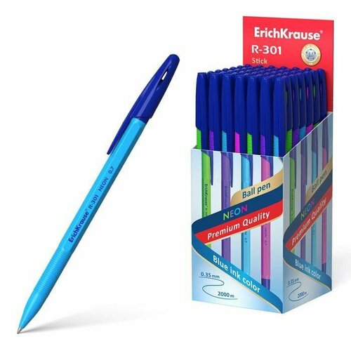 Ручка шариковая ErichKrause R-301 Neon Stick, узел 0.7 мм, чернила синие, 50 шт.