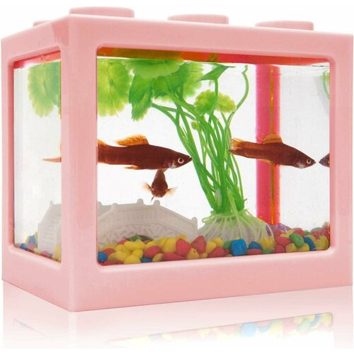 Декоративный мини аквариум с подсветкой, 16x14.5 см розовый/ Акриловый аквариум