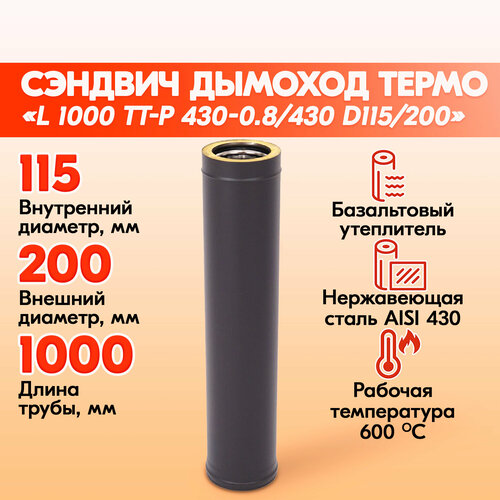 Труба Термо L 1000 ТТ-Р 430-0.8/430 D115/200 Черный (RAL 9005) порошок Т до 200С*