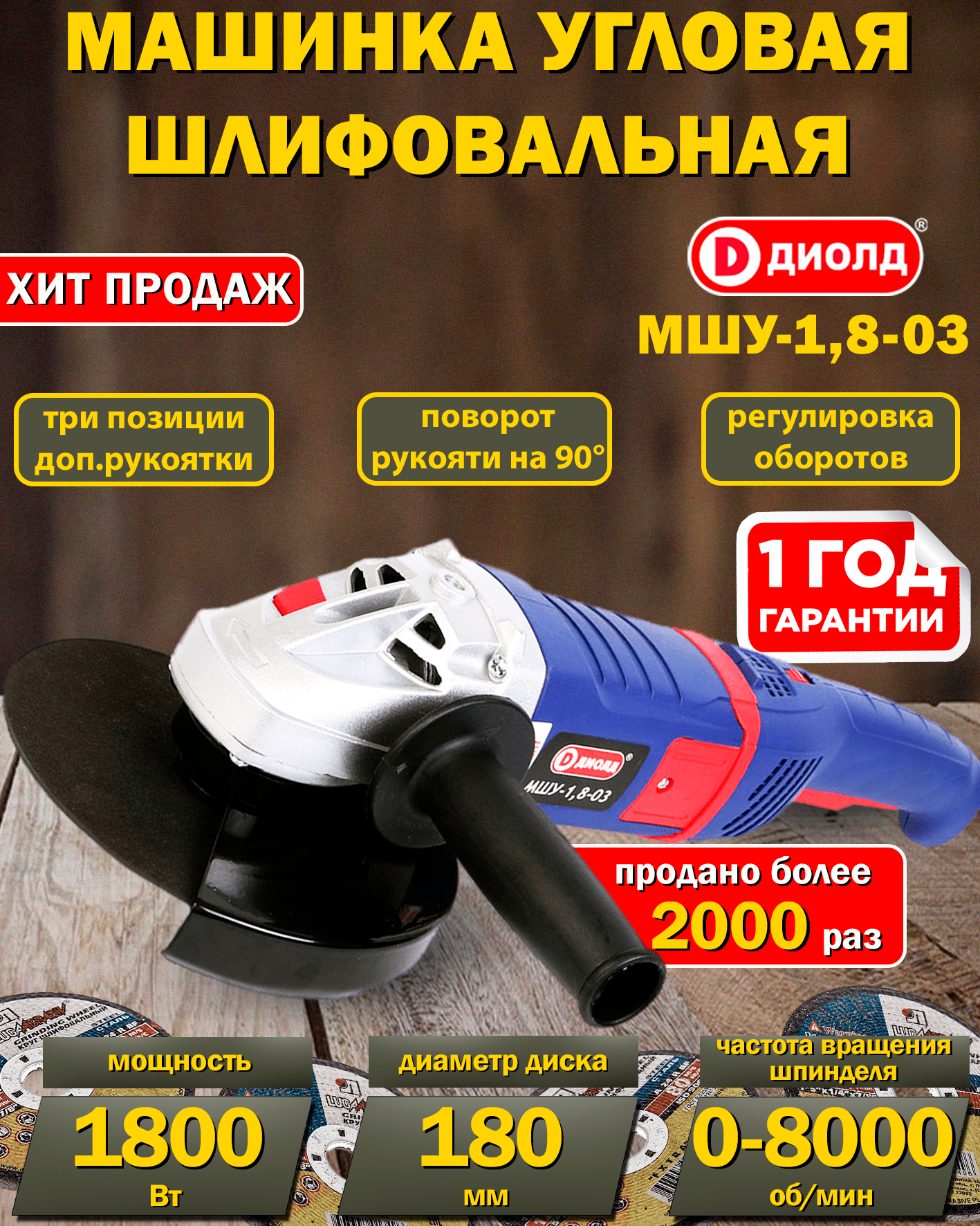 фото Угловая шлифовальная машина (УШМ, болгарка, шлифмашина), 1800 Ватт, регулировка оборотов, поворотная рукоять
