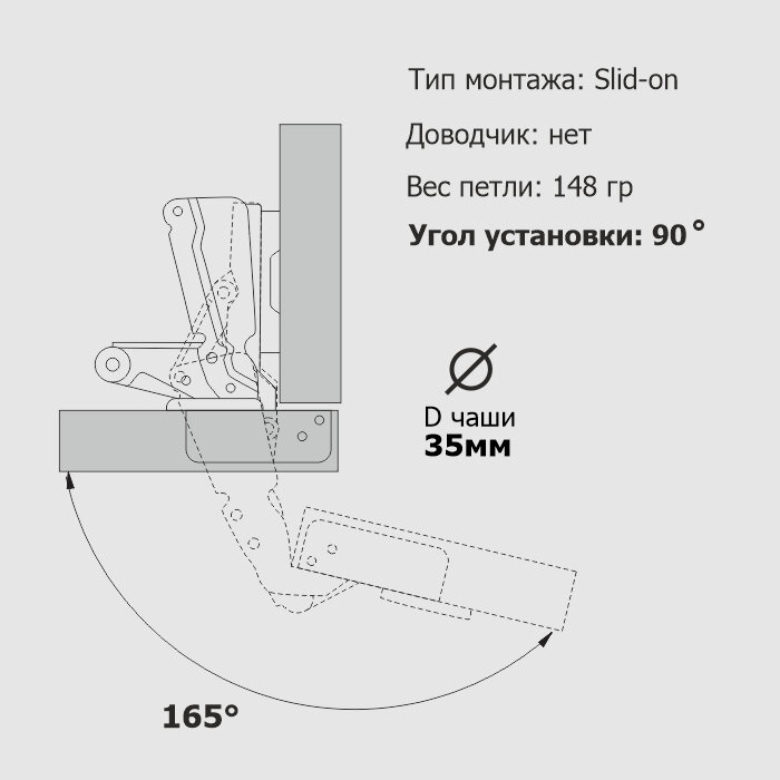 Петля мебельная угловая, трансформер 8-шарнирная `SANBERG` Slide-on (ник) 165 градусов d=35мм