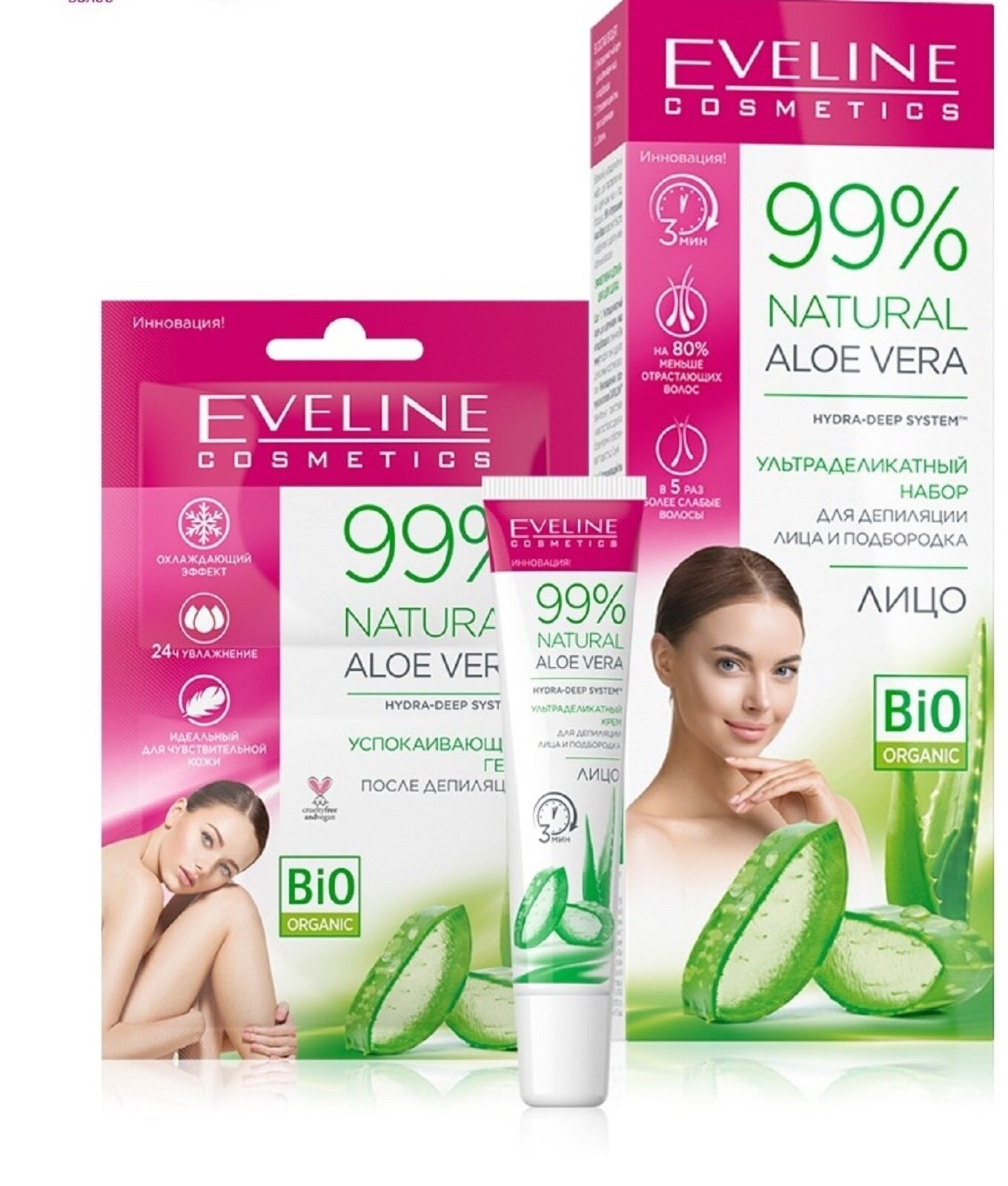 EVELINE 99% NATURAL ALOE VERA Набор: набор д/депил. лица и подбородка (крем 20мл. +гель после депил.)