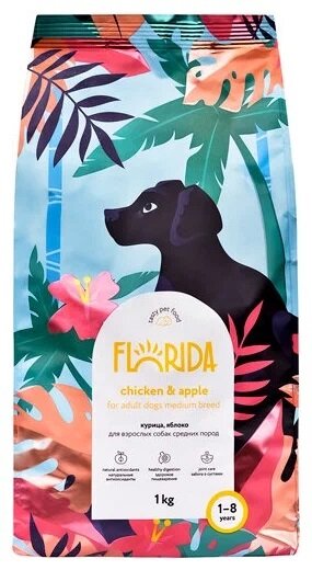 FLORIDA Сухой корм для взрослых собак средних пород: курица с яблоком 1кг