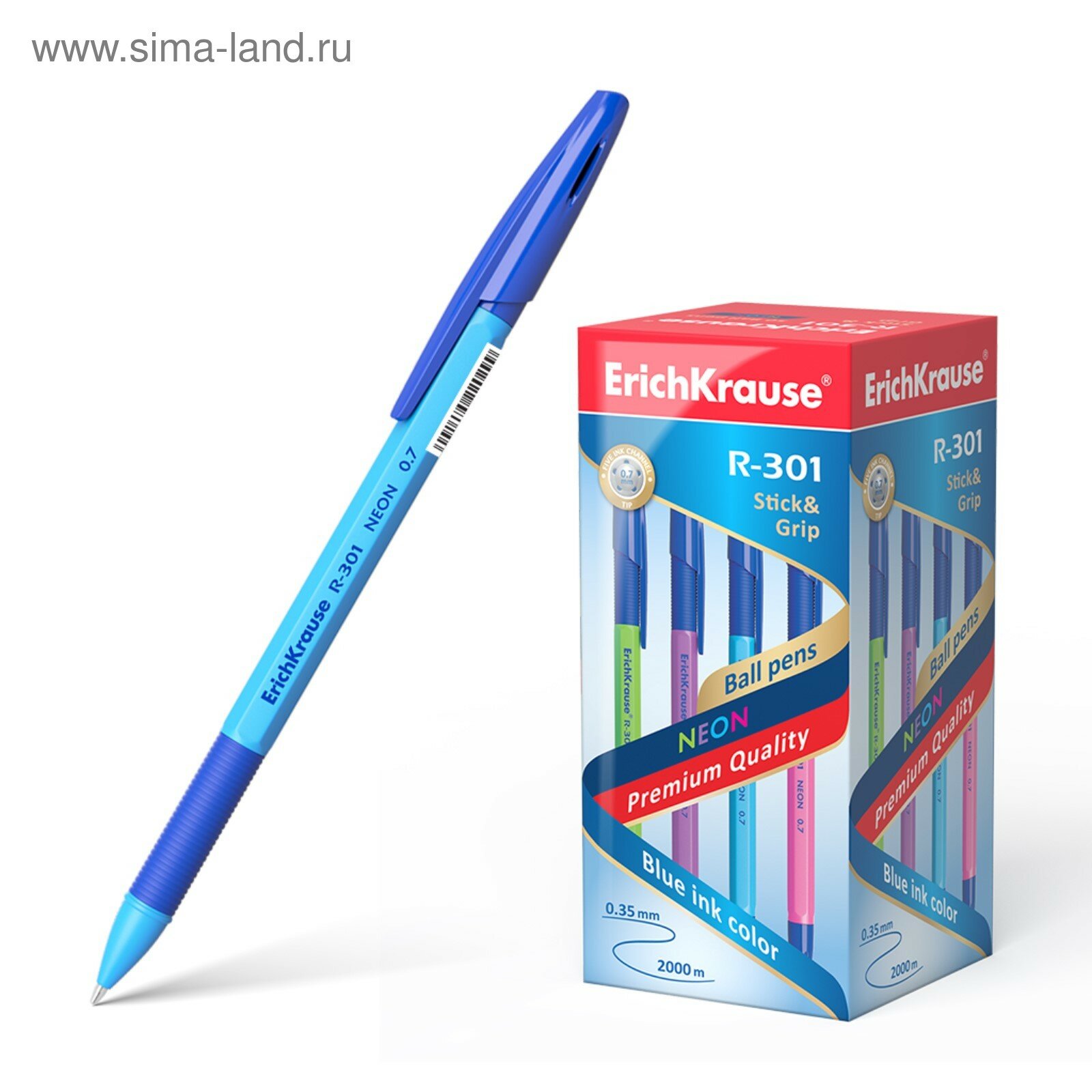 Ручка шариковая R-301 Neon Stick & Grip, узел 0.7 мм, чернила синие, резиновый упор, длина линии письма 2000 метров, микс