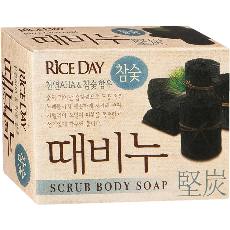 Черное мыло-скраб для тела Rice Day Charcoal Body Soap — Древесный Уголь / CJ LION / 100 г.