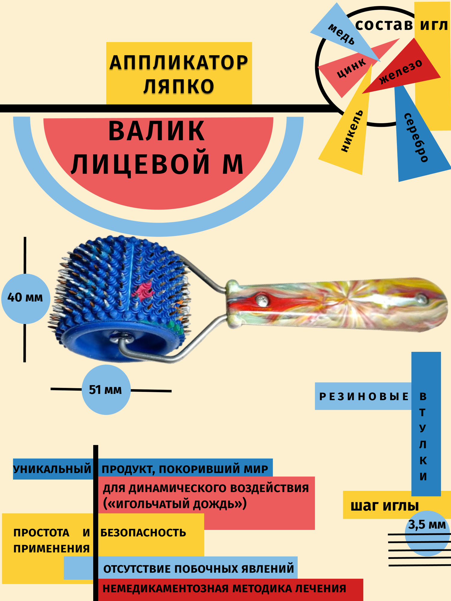 Аппликатор Ляпко Валик лицевой-М шаг игл 3,5 мм синий (диаметр-51 мм,ширина-40 мм)