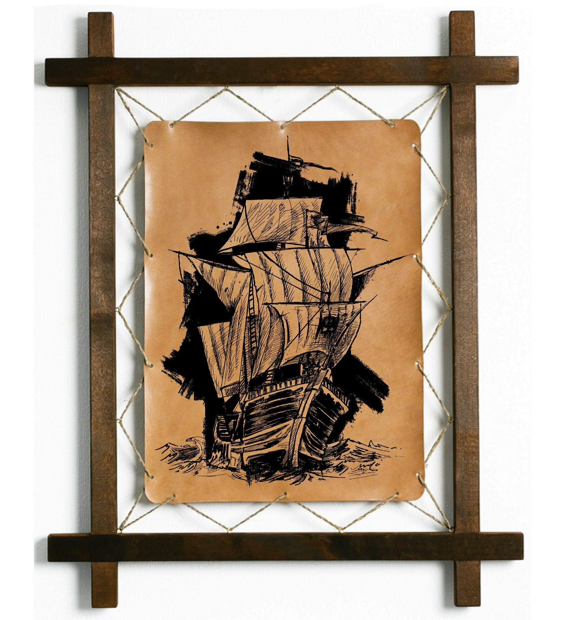 Картина Корабль, гравировка на натуральной коже, интерьерная для украшения и декора на стену в деревянной раме, подарок, BoomGift