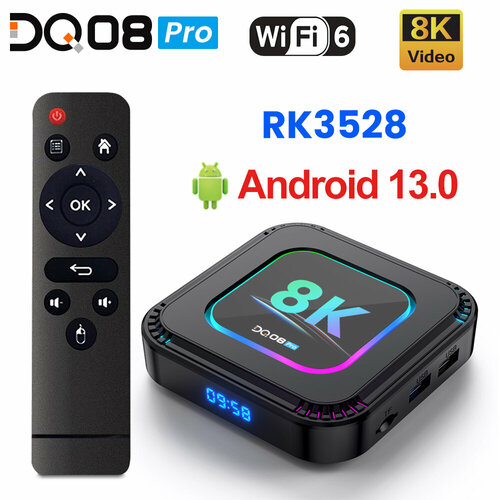 Смарт ТВ приставка DQ08 Pro Rockchip RK3528 Android 13 Поддержка 8K Видео BT50 WiFi6 4ГБ64ГБ Медиаплеер Google Voice 4550₽