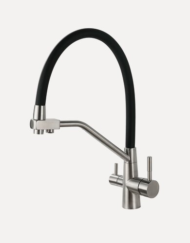 Изображение товара Смеситель для кухни OUTE матовый хром с черным изливом, однорычажный, с дополнительным выводом под фильтр питьевой воды, с аэратором, с гибким изливом.