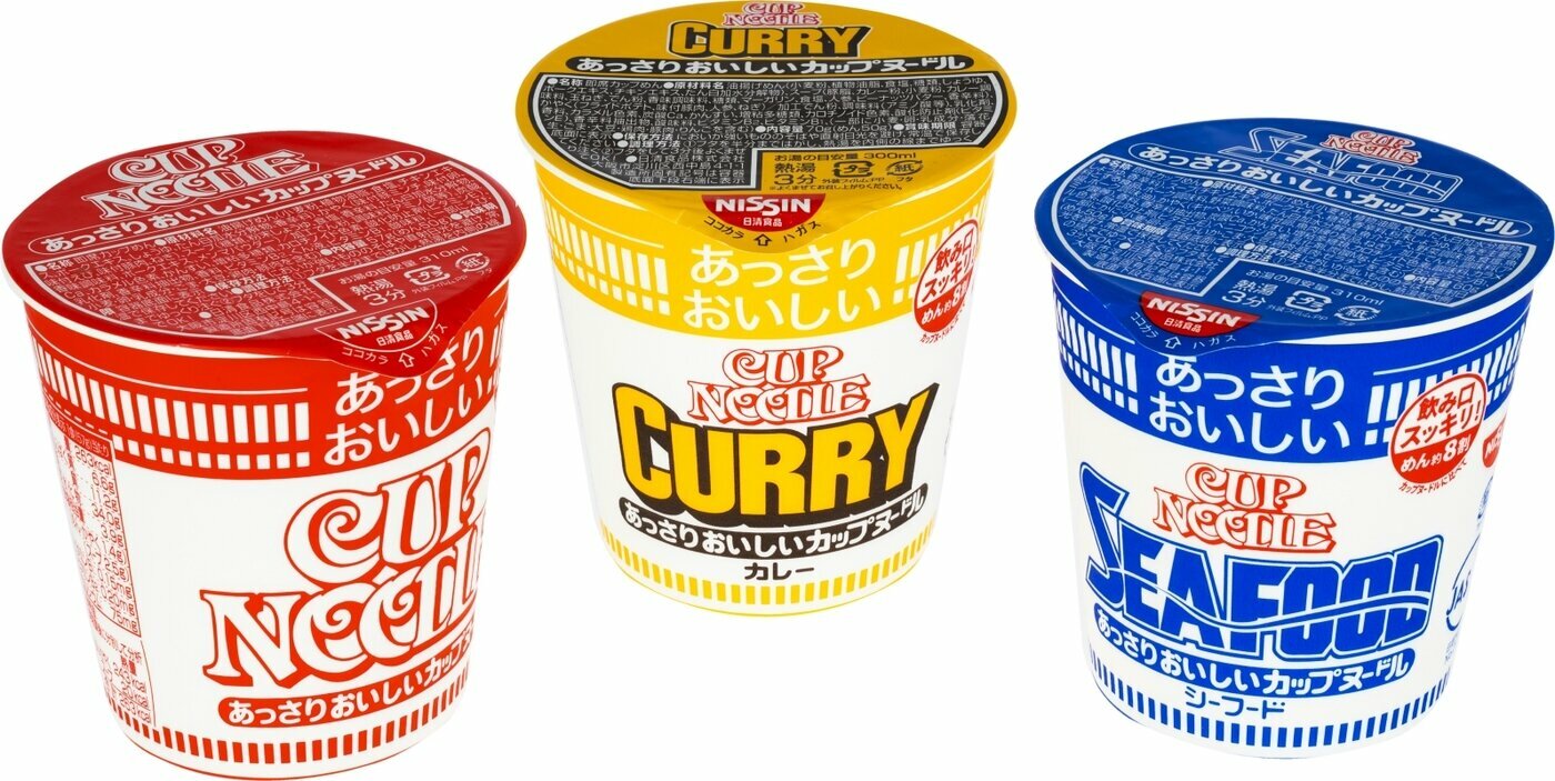 Суп-лапша быстрого приготовления Cup Noodle - 3 штуки в наборе(со вкусами карри, креветки и соевым соусом, морепродуктов), Nissin, Япония