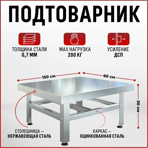 Подтоварник производственный 1500х600х300, стол для общепита , со столешницей из нержавеющей стали