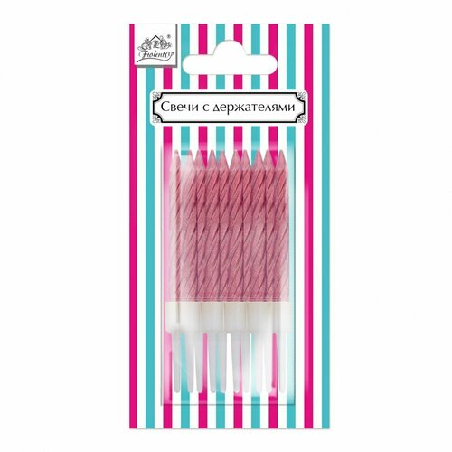 Свечи прямые винтообразные веселая вечеринка розовый металлик с держателями для торта L0279-P