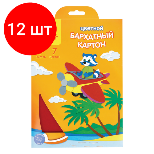 Комплект 12 шт, Картон бархатный А5, Мульти-Пульти, 7л, 7цв, в папке с европодвесом, Приключения Енота