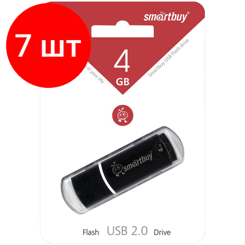 Комплект 7 шт, Память Smart Buy Crown 4GB, USB 2.0 Flash Drive, черный комплект 6 шт память smart buy crown 16gb usb 2 0 flash drive черный