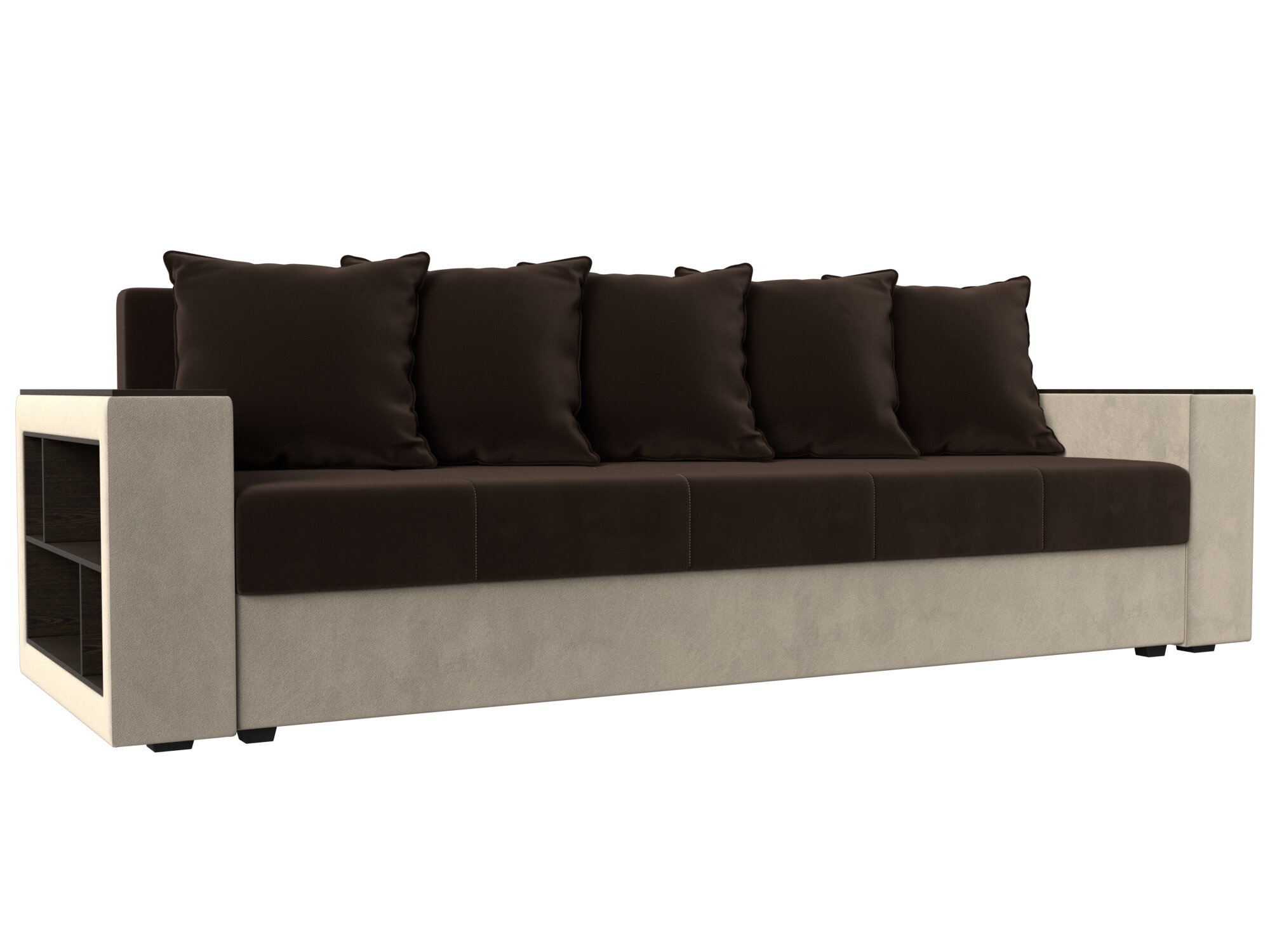 фото Диван прямой Лига Диванов Дубай Лайт полки слева Коричневый/Бежевый (микровельвет)