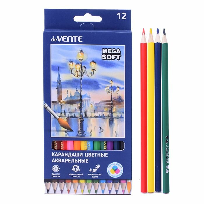 Цветные карандаши deVENTE "Trio Mega Soft", акварельные, 12 цветов, 3М, диаметр грифеля 3 мм, шестигранные (5022121)