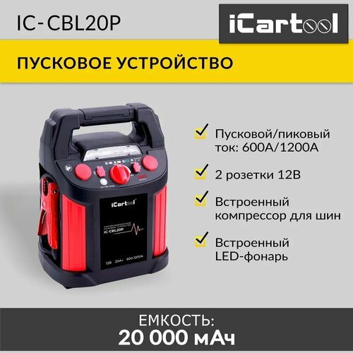 Пусковое устройство для автомобиля 12В, 20 000 мАч, 600/1200А iCartool IC-CBL20P
