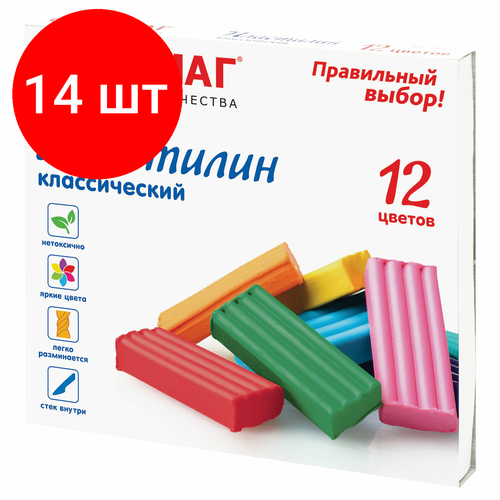 Комплект 14 шт, Пластилин классический офисмаг, 12 цветов, 240 г, со стеком, 106677