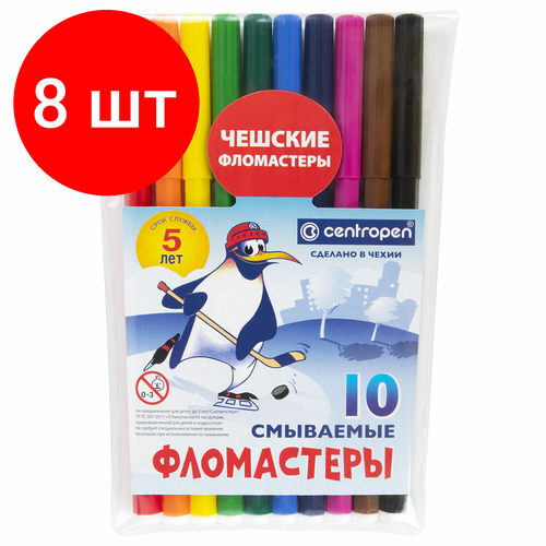 Комплект 8 шт, Фломастеры 10 цветов CENTROPEN Пингвины, смываемые, вентилируемый колпачок, 7790/10ET, 7 7790 1086