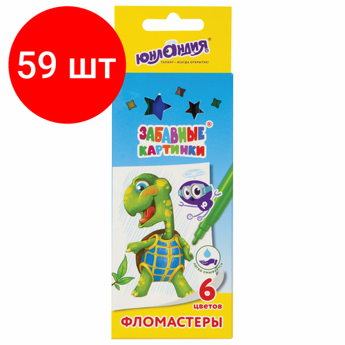 Комплект 59 шт, Фломастеры юнландия 6 цветов, забавные картинки, вентилируемый колпачок, картон, 151677