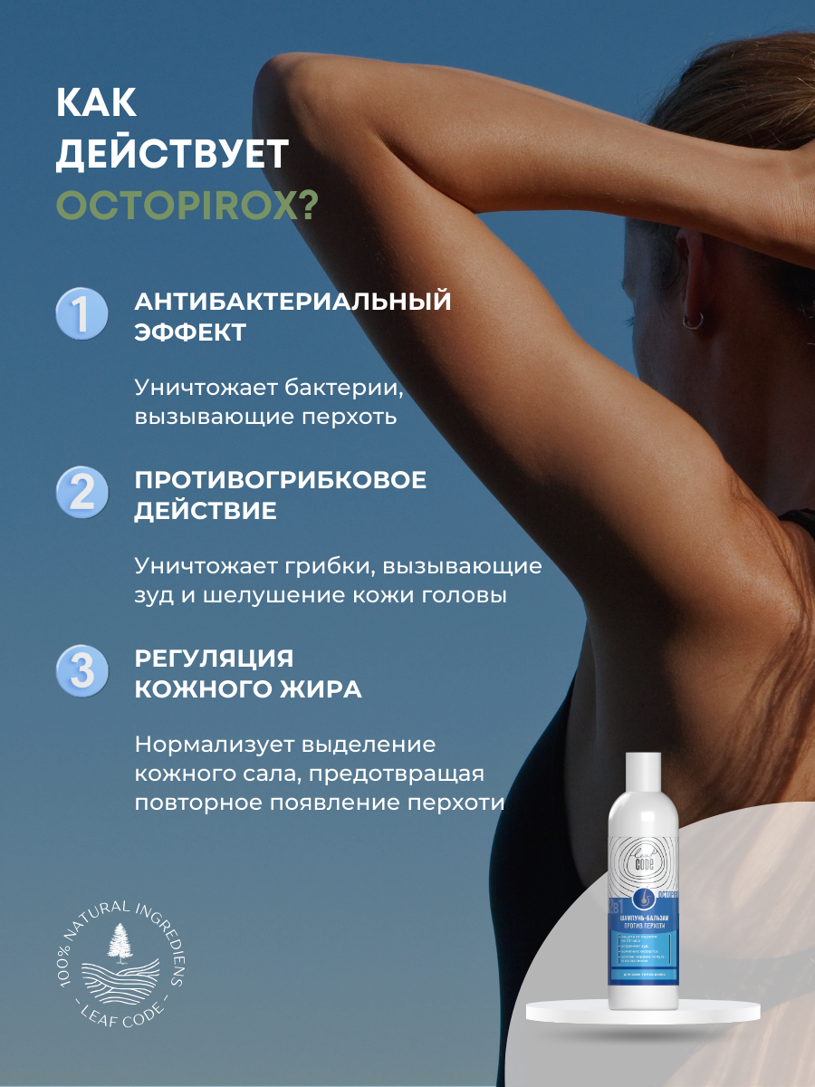 Лечебный шампунь от Перхоти с комплексом Октопирокс для всех типов волос LEAF CODE 250 мл — фото 1