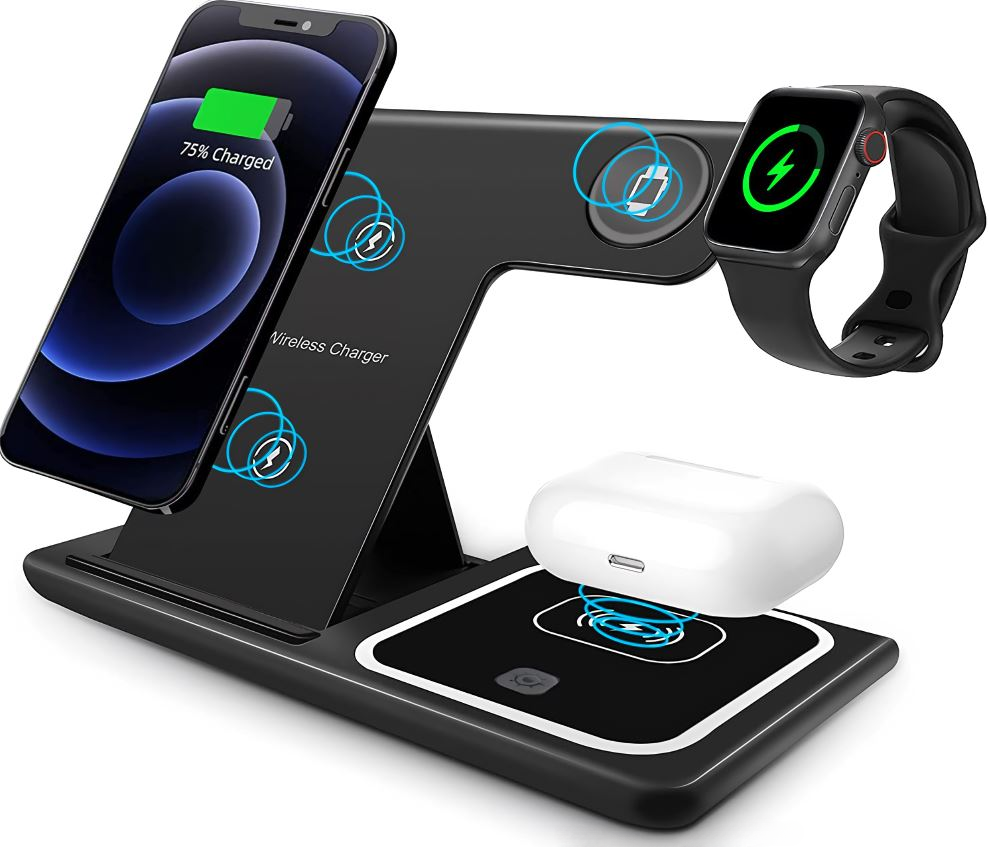 Беспроводная зарядная станция 3 в 1, для iPhone/Apple Watch/AirPods, черная