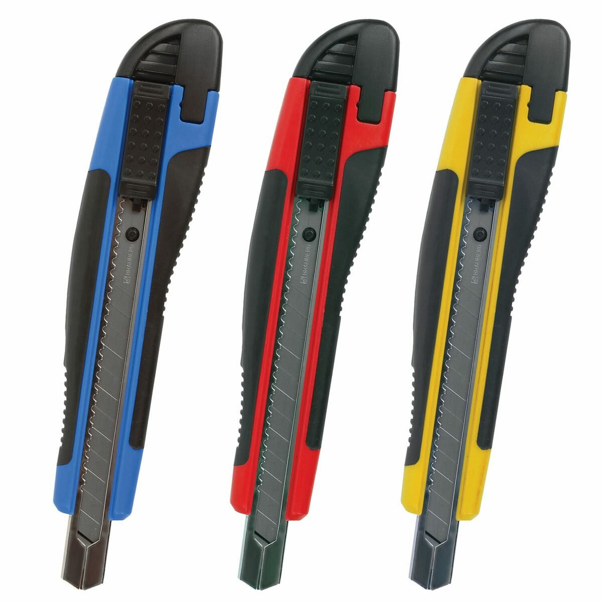 Нож канцелярский 9мм Brauberg Universal, автофиксатор, резиновые вставки, цветной (236970)