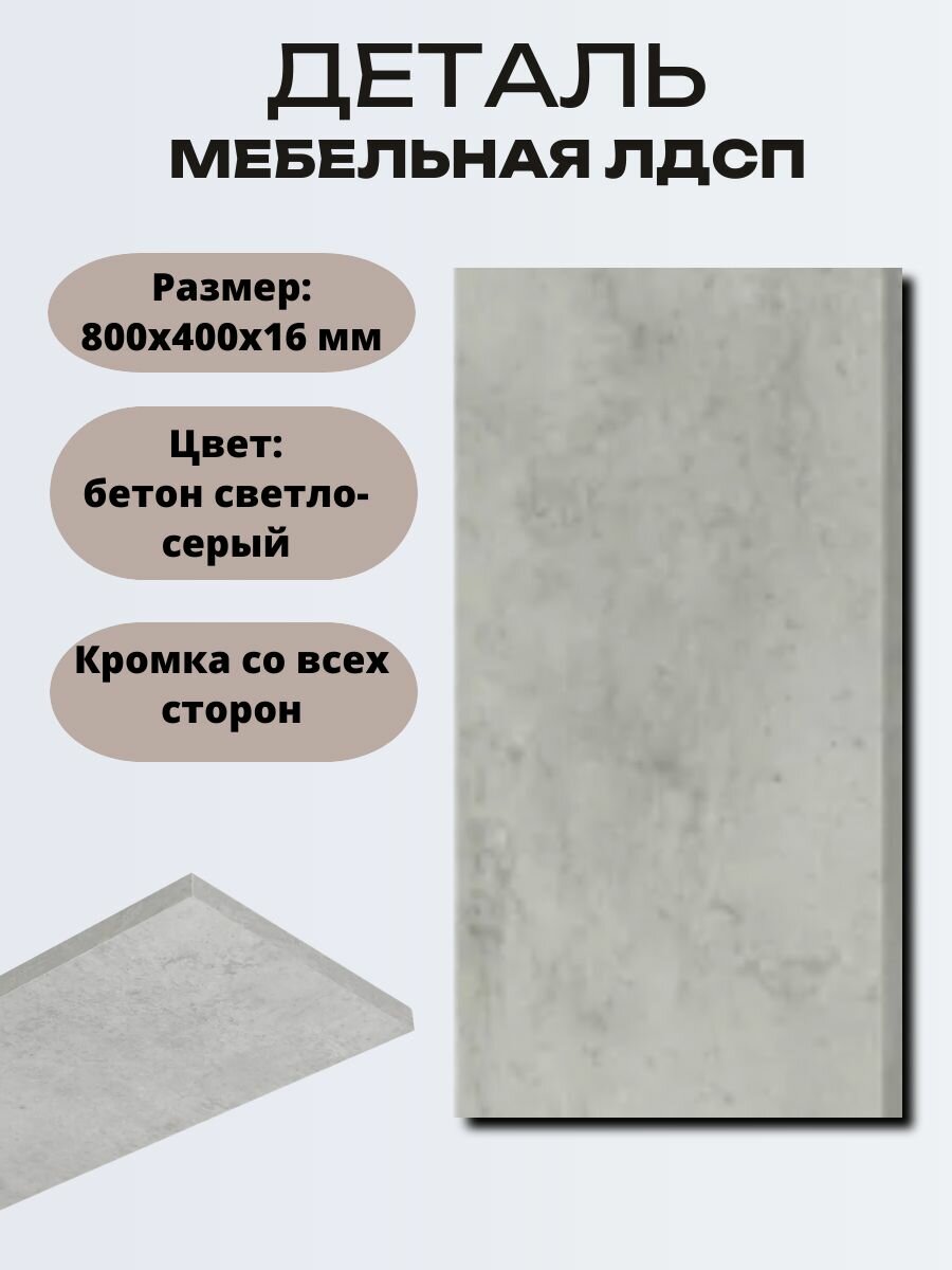 Деталь мебельная ЛДСП 800x400x16 мм цвет бетон светло-серый кромка со всех сторон. Мебельный щит подходит для изготовления шкафов и полок столов и комодов. Можно использовать как перегородку.