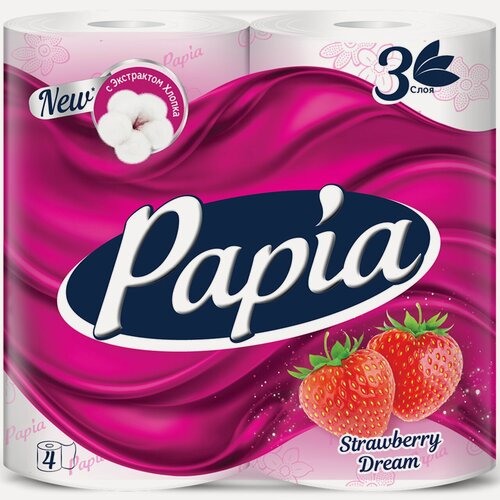 Изображение товара Papia Клубничная Мечтатуалетная бумага 3 слоя, 4 рулона, мягкая и прочная 4шт